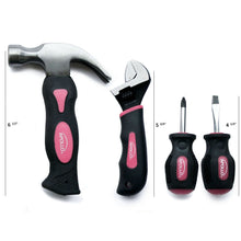 Four Piece Stubby Tool Set - Pink- DT0240P shows sizes:  Wrench height  is 5-3/4 “ , screwdrivers height is 4-1/4”, hammer height is 6-1/2”