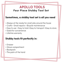 Apollo Tools Four Piece Stubby Tool Set - DT0240 features include:  A complete DIY tool set
Great for crafts, woodwork, decoration, hanging, assembly, home and garage maintenance and repairs.
A selection of the most reached-for hand tools such as a wrench, 3-piece plier set, claw hammer, ruler, saw, pencil, metal clamps, and all screwdrivers and bits.
Lifetime warranty
Sturdy compact storage case: Tools are neatly stored in a sturdy case that keeps them secure, clean, organized, and easy to find.