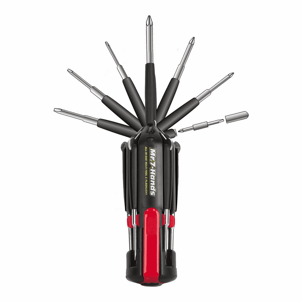Multi-tool with various screwdriver bits on a white background. All in One Mr 7 Hands by Apollo Tools
