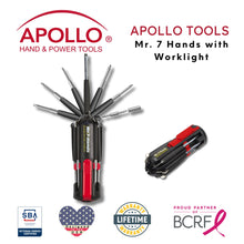 Mr. 7-Hands - DT1019 Shows tool and badges including Veteran-owned small business, Lifetime warranty, partnership with the Breast Cancer Research Foundation