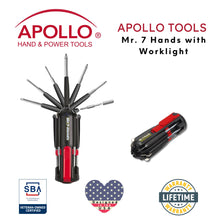 Mr. 7-Hands - DT1019 Shows tool and badges including Veteran-owned small business, Lifetime warranty, partnership with the Breast Cancer Research Foundation