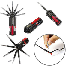 Mr. 7-Hands - DT1019 shows multitool open, closed, all arms open, mini screwdriver in use to tighten small screw