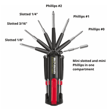 Multi-tool with various screwdriver bits labeled on a white background. M7 7 hands all bit sizes