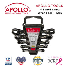 Apollo Tools 5 Piece SAE Ratcheting Wrench Set - DT1212 Shows tools and badges including Veteran-owned small business, Lifetime warranty, partnership with the Breast Cancer Research Foundation