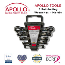 Apollo Tools 5 Ratcheting Wrenches - Metric - DT1213 Shows tools and badges including Veteran-owned small business, Lifetime warranty, partnership with the Breast Cancer Research Foundation