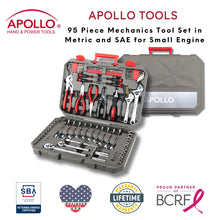 Apollo Tools 95 Piece Mechanics Tool Set in Metric and SAE Shows tools and badges including Veteran-owned small business, Lifetime warranty, partnership with the Breast Cancer Research Foundation