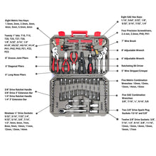 Apollo Tools 95 Piece Mechanics Tool Set in Metric and SAE shows set with Basic Tools: Wire brush, wire stripper/crimper, pliers set (long nose, diagonal, groove joint)
Hex Keys: 8 metric (1.5-6mm) and 8 SAE (1/16-1/4") sizes
Screwdrivers: Ratcheting bit driver with 20 bits, 4 precision screwdrivers
Combination Wrenches: 5 metric (10-15mm) and 5 SAE (3/8-5/8") sizes
Adjustable Wrenches: 6" and 8" sizes
Ratchet Set: 1/4" and 3/8" drive handles with extension bars
Socket Set (1/4" Drive): 19 pieces 