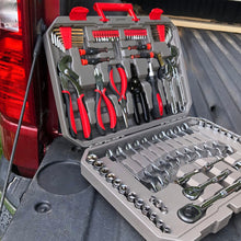 Apollo Tools 95 Piece Mechanics Tool Set in Metric and SAE lifestyle image shows open tool set in back of pick up truck