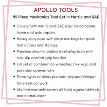 Apollo Tools model DT1412 features include: Covers both metric and SAE sizes for complete home and auto repairs 
Heavy-duty case with clear markings for quick tool access and storage 
Premium chrome-plated steel alloy tools with non-slip comfort grip handles 
Full set of combination wrenches, hex keys, and precision screwdrivers 
Three types of pliers plus wire stripper/crimper for electrical work 
Lifetime warranty covers all tools against defects and normal wear