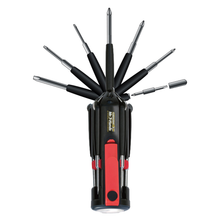 Multi-tool with various screwdriver bits on a white background. All in One Mr 7 Hands with flashlight by Apollo Tools
