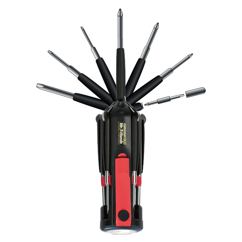 Multi-tool with various screwdriver bits on a white background. All in One Mr 7 Hands with flashlight by Apollo Tools