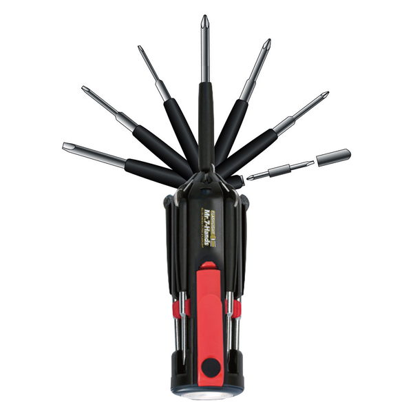 Multi-tool with various screwdriver bits on a white background. All in One Mr 7 Hands with flashlight by Apollo Tools