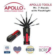 Apollo Tools Flashlight Mr. 7-Hands - DT1719 Shows tools and badges including Veteran-owned small business, Lifetime warranty, partnership with the Breast Cancer Research Foundation