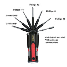 Multi-tool with various screwdriver bits labeled on a white background. M7 7 hands all bit sizes
