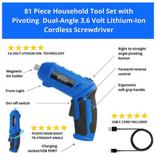 Compact 81 Piece Tool Set with 3.6V Li-Ion Rechargeable USB Cordless Screwdriver - DT2020 Blue/Gray