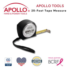 APOLLO TOOLS 25ft. Tape Measure - Black - DT5002 shown with Apollo Tools logo and badges including lifetime warranty, proud partner of the Breast Cancer Research Foundation, and Veteran Owned small business certification