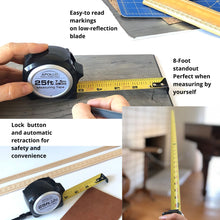 APOLLO TOOLS 25ft. Tape Measure - Black - DT5002 shows vignettes of product in use with words: easy-to-read markings on low-reflection blade, 8-ft standout perfect when measuring by yourself, lock button and automatic retraction for safety and convenience