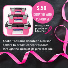 APOLLO TOOLS 3 Piece Tool Box - Pink - DT5005P shows product with pink ribbon and text:  Apollo Tools has donated over 1.6 million dollars to breast cancer research through the sale of its pink tool line.  50 cents from this product is donated to the Breast Cancer Research Foundation