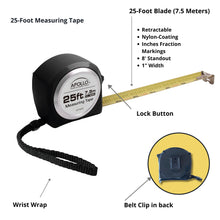 APOLLO TOOLS 25ft. Tape Measure - Black - DT5002 shows product front and back with some features as noted: blet clip in back, lock button, wrist wrap, 25 foot blade, retractable, nylon coating, inches fraction markings, 8' standout, 1 inch wide blade