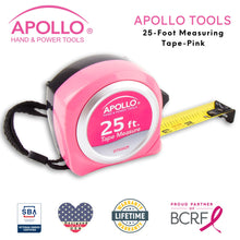 Apollo Tools 25ft. Tape Measure - Pink - DT5002P product shown with Apollo Tools logo and badges including lifetime warranty, proud partner of the Breast Cancer Research Foundation, and Veteran Owned small business certification