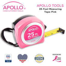 Apollo Tools 25ft. Tape Measure - Pink - DT5002P product shown with Apollo Tools logo and badges including lifetime warranty, proud partner of the Breast Cancer Research Foundation, and Veteran Owned small business certification