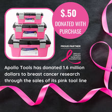 APOLLO TOOLS 3 Piece Tool Box - Pink - DT5005P shows product with pink ribbon and text:  Apollo Tools has donated over 1.6 million dollars to breast cancer research through the sale of its pink tool line.  50 cents from this product is donated to the Breast Cancer Research Foundation