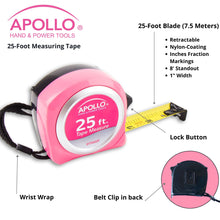 Apollo Tools 25ft. Tape Measure - Pink - DT5002P shows product front and back and the text:  25-Foot Blade (7.5 Meters)
Retractable
Nylon-Coating
Inches Fraction Markings
8' Standout
1" Width

Lock button, belt clip in back, wrist wrap