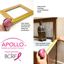 Apollo Tools 25ft. Tape Measure - Pink - DT5002P vignette of product in use and the words:  easy to read markings on low-reflection blade, lock button and automatic retraction for safety and convenience. 8 foot standout is perfect when measuring alone.