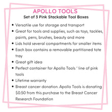 APOLLO TOOLS 3 Piece Tool Box - Pink - DT5005P features include:  Versatile use for storage and transport
Great for tools and supplies, such as toys, tackles, paints, pens, brushes, beauty and more 
Lids hold several compartments for smaller items
Each box contains a removable partitioned tote tray
Great gift idea
Perfect container for Apollo Tools ‘ line of pink tools
Lifetime warranty
Breast cancer donation. Apollo Tools is donating $0.50 from this purchase to the Breast Cancer Research Foundation