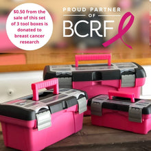 APOLLO TOOLS 3 Piece Tool Box - Pink - DT5005P shows 3 boxes and the information: $.50 from the sale of this set of 3 boxes is donated to breast cancer research and the Breast Cancer Research Foundation logo