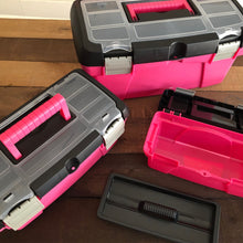 APOLLO TOOLS 3 Piece Tool Box - Pink - DT5005P lifestyle image shows large and medium boxes closed and small box open with tray