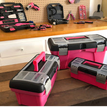 APOLLO TOOLS 3 Piece Tool Box - Pink - DT5005P shows all 3 boxes with miscellaneous Apollo Tools pink products in the background