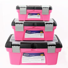 APOLLO TOOLS 3 Piece Tool Box - Pink - DT5005P shows 3 boxes stacked with information labels packaging