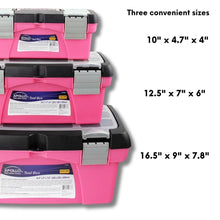 APOLLO TOOLS 3 Piece Tool Box - Pink - DT5005P with measurements: 10" x 4." x 4" (small) 12.5" x 7" x 6" (medium), 16.5" x 9" x 7.8" (large)