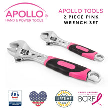 APOLLO TOOLS 2 Adjustable Wrenches - Pink - DT5007P shown with Apollo Tools logo and badges including lifetime warranty, proud partner of the Breast Cancer Research Foundation, and Veteran Owned small business certification