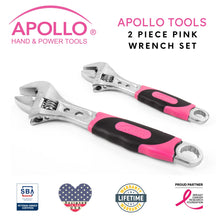 APOLLO TOOLS 2 Adjustable Wrenches - Pink - DT5007P shown with Apollo Tools logo and badges including lifetime warranty, proud partner of the Breast Cancer Research Foundation, and Veteran Owned small business certification