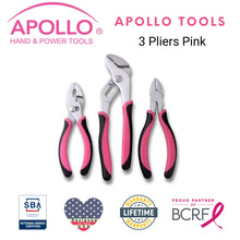 APOLLO TOOLS 3 Pliers set - Pink - DT5008P shown with Apollo Tools logo and badges including lifetime warranty, proud partner of the Breast Cancer Research Foundation, and Veteran Owned small business certification