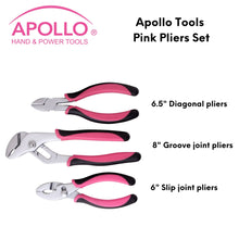 APOLLO TOOLS 3 Pliers set - Pink - DT5008P shows 6.5" Diagonal pliers
8" Groove joint pliers
6" Slip joint pliers