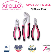 APOLLO TOOLS 3 Pliers set - Pink - DT5008P shown with Apollo Tools logo and badges including lifetime warranty, proud partner of the Breast Cancer Research Foundation, and Veteran Owned small business certification