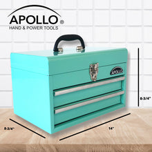 Apollo Tools 2-Drawer Aqua Steel Chest -- DT5010P shows dimensions: 8-3.4 "x 8-3/4"  x 14"