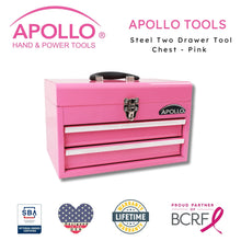 Apollo Tools 2-Drawer Pink Steel Chest -- DT5010P shown with Apollo Tools logo and badges including lifetime warranty, proud partner of the Breast Cancer Research Foundation, and Veteran Owned small business certification