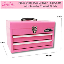 Apollo Tools 2-Drawer Pink Steel Chest -- DT5010P shows dimensions: 8-1/2 "x 8-1/2"  x 13-3/4"