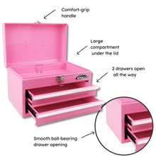 Apollo Tools 2-Drawer Pink Steel Chest -- DT5010P shown with top compartment and drawers open, vignette of drawers details and the following features:  Comfort-grip handle
2 drawers open all the way
Smooth ball-bearing  drawer opening
Large compartment under the lid