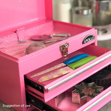 Apollo Tools 2-Drawer Pink Steel Chest -- DT5010P shown with top compartment and drawers open and in a suggestion of use with kitchen utensils