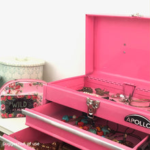 Apollo Tools 2-Drawer Pink Steel Chest -- DT5010P shown with top compartment and drawers open with suggested use in bathroom and containing jewelry