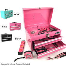 Apollo Tools 2-Drawer Pink Steel Chest -- DT5010P shown with top compartment and drawers open, suggestion of use with tools not included, and vignettes of alternate available colors: black and aqua