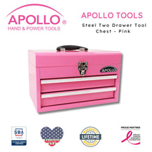 Apollo Tools 2-Drawer Pink Steel Chest -- DT5010P shown with Apollo Tools logo and badges including lifetime warranty, proud partner of the Breast Cancer Research Foundation, and Veteran Owned small business certification