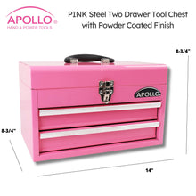Apollo Tools 2-Drawer Pink Steel Chest -- DT5010P shows dimensions: 8-3.4 "x 8-3/4"  x 14"