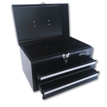 APOLLO TOOLS Black Steel Tool Chest with 2 Drawers and Ample Top Compartment -- DT5010 shown at slight angle with drawers and top open