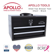 APOLLO TOOLS Black Steel Tool Chest with 2 Drawers and Ample Top Compartment -- DT5010 shown with Apollo Tools logo and badges including lifetime warranty, proud partner of the Breast Cancer Research Foundation, and Veteran Owned small business certification